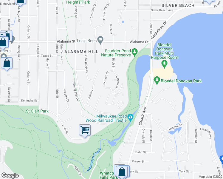 map of restaurants, bars, coffee shops, grocery stores, and more near 2202 West Birch Street in Bellingham