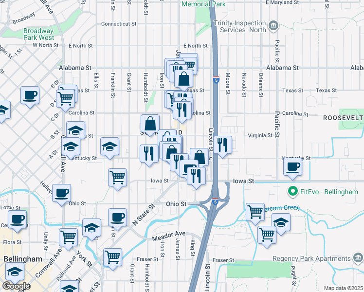map of restaurants, bars, coffee shops, grocery stores, and more near 2122 James Street in Bellingham