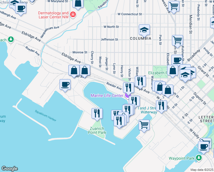 map of restaurants, bars, coffee shops, grocery stores, and more near 2121 Roeder Avenue in Bellingham