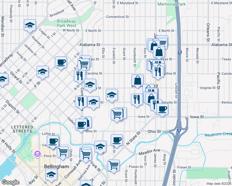 map of restaurants, bars, coffee shops, grocery stores, and more near 2138 Franklin Street in Bellingham