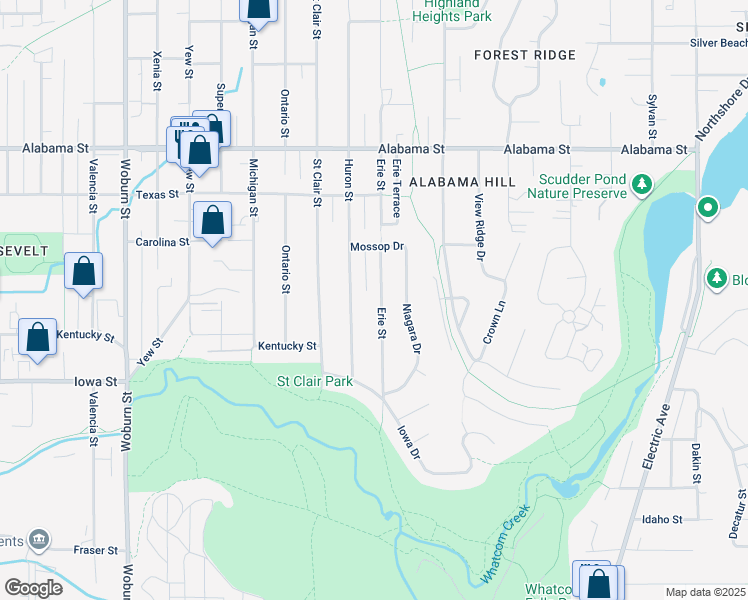 map of restaurants, bars, coffee shops, grocery stores, and more near 2135 Erie Street in Bellingham
