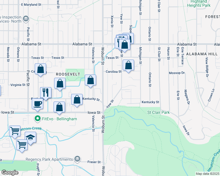 map of restaurants, bars, coffee shops, grocery stores, and more near 2142 Woburn Street in Bellingham
