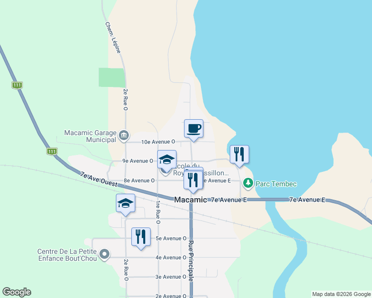 map of restaurants, bars, coffee shops, grocery stores, and more near 107 Rue Principale in Macamic