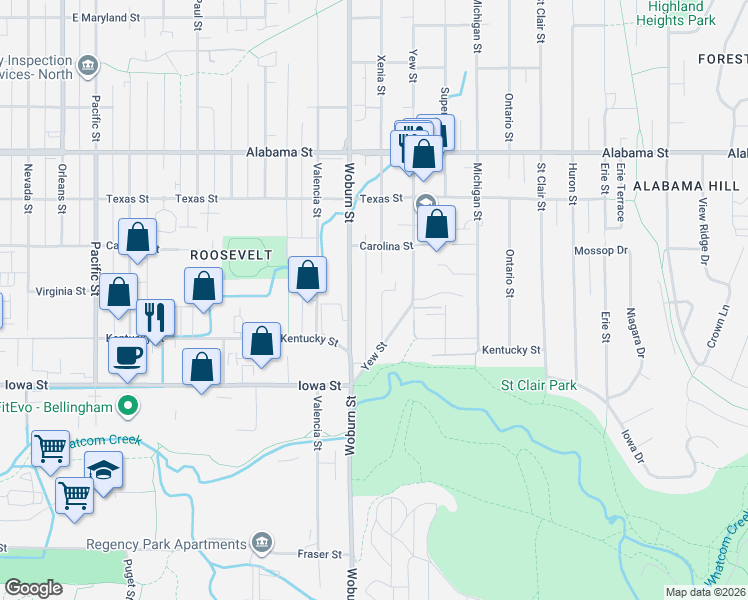 map of restaurants, bars, coffee shops, grocery stores, and more near 2142 Woburn Street in Bellingham