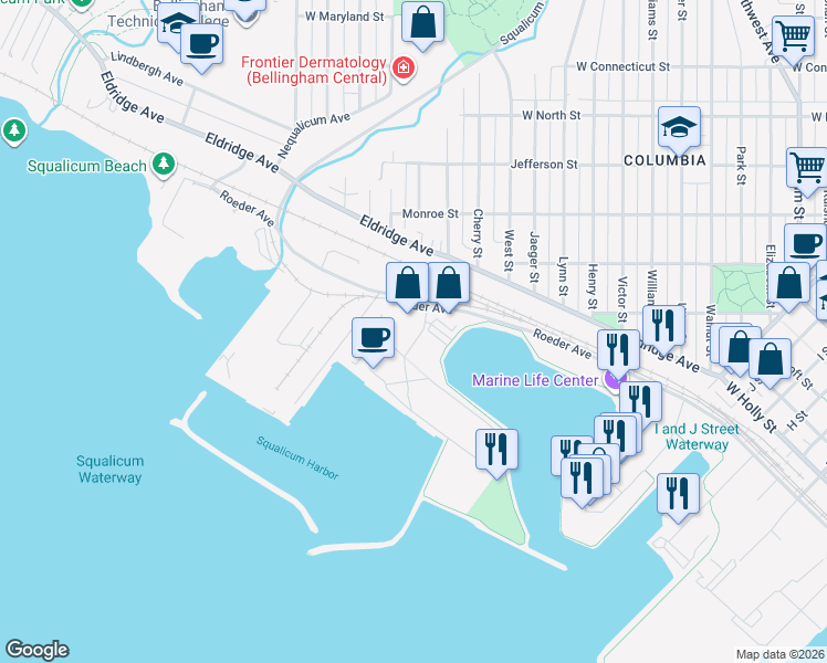 map of restaurants, bars, coffee shops, grocery stores, and more near 750 Coho Way in Bellingham