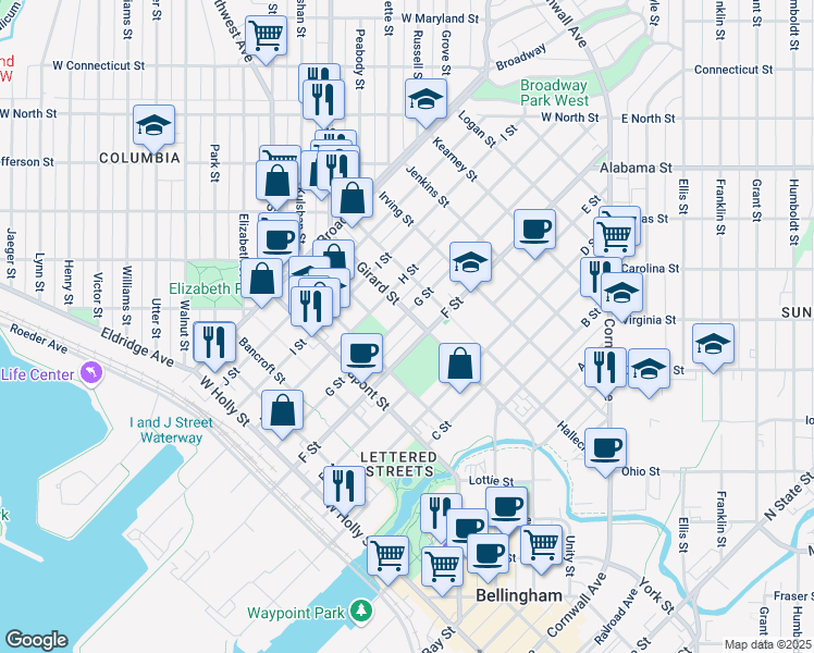map of restaurants, bars, coffee shops, grocery stores, and more near 1908 G Street in Bellingham