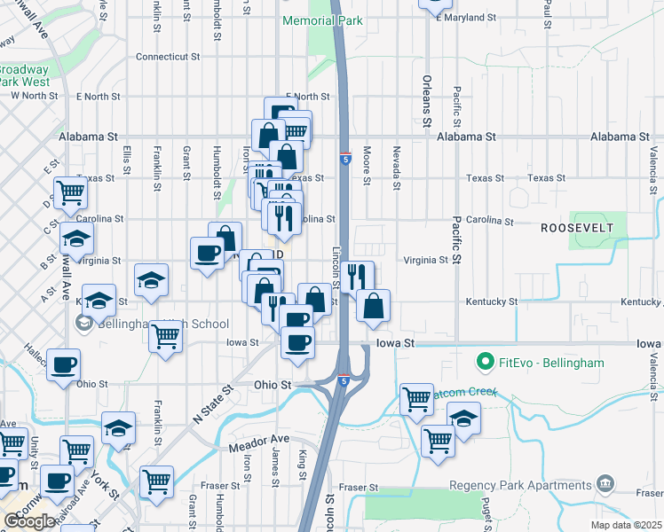 map of restaurants, bars, coffee shops, grocery stores, and more near 920 Virginia Street in Bellingham