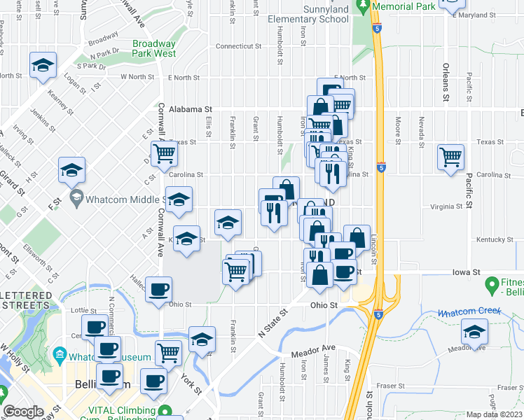 map of restaurants, bars, coffee shops, grocery stores, and more near 2142 Grant Street in Bellingham