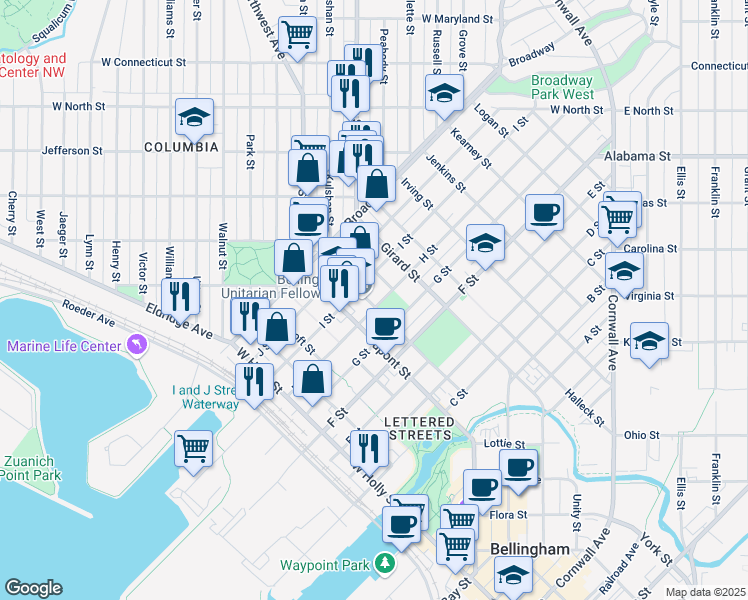 map of restaurants, bars, coffee shops, grocery stores, and more near 1801 H Street in Bellingham