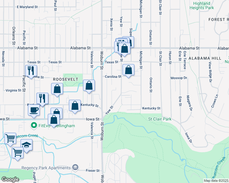 map of restaurants, bars, coffee shops, grocery stores, and more near 2202 Xenia Street in Bellingham