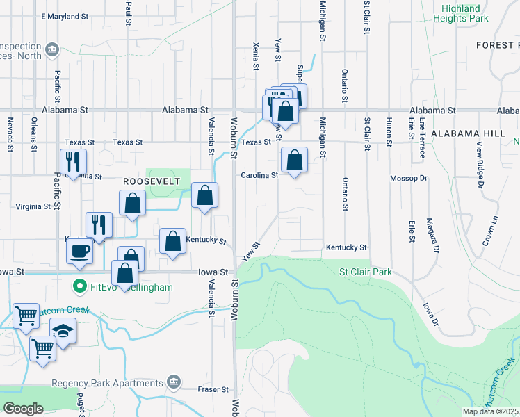 map of restaurants, bars, coffee shops, grocery stores, and more near 2202 Xenia Street in Bellingham