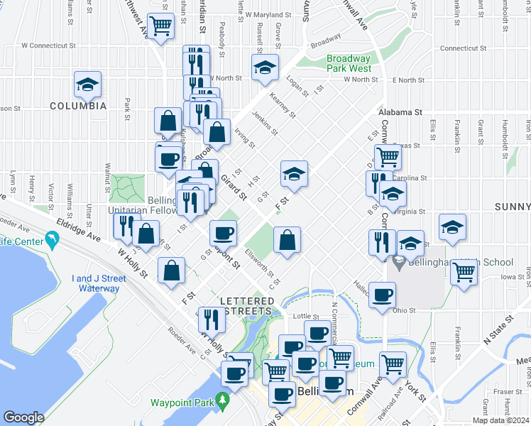 map of restaurants, bars, coffee shops, grocery stores, and more near 2001 F Street in Bellingham