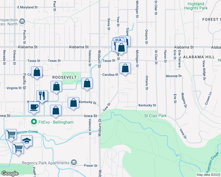 map of restaurants, bars, coffee shops, grocery stores, and more near 2202 Xenia Street in Bellingham