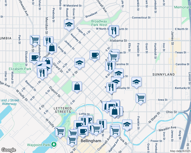 map of restaurants, bars, coffee shops, grocery stores, and more near 2211 C Street in Bellingham