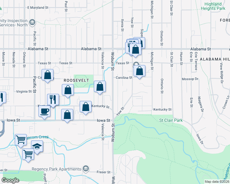 map of restaurants, bars, coffee shops, grocery stores, and more near 2142 Woburn Street in Bellingham