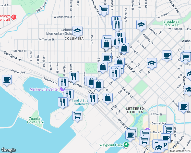 map of restaurants, bars, coffee shops, grocery stores, and more near in Bellingham