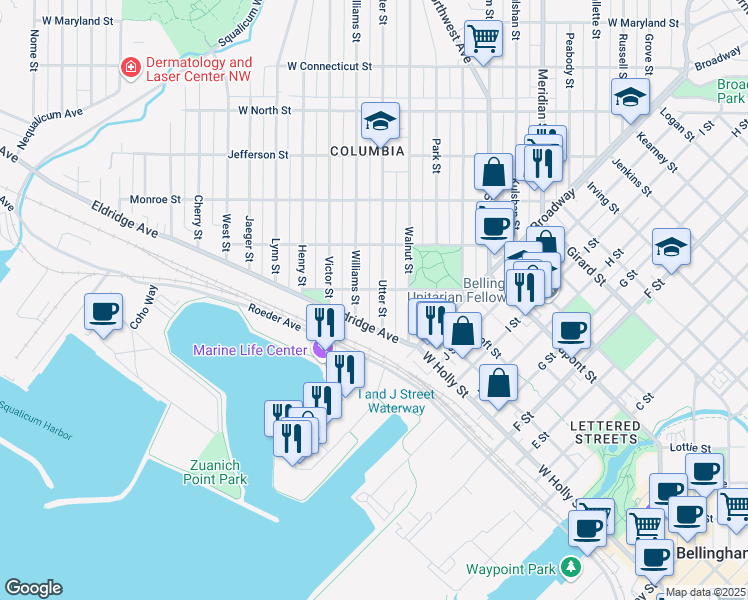 map of restaurants, bars, coffee shops, grocery stores, and more near 2121 Utter Street in Bellingham