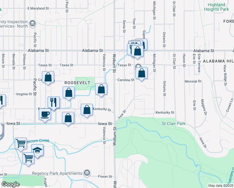 map of restaurants, bars, coffee shops, grocery stores, and more near 2142 Woburn Street in Bellingham