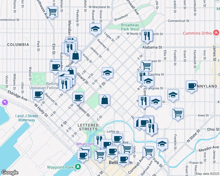 map of restaurants, bars, coffee shops, grocery stores, and more near 804 Irving Street in Bellingham