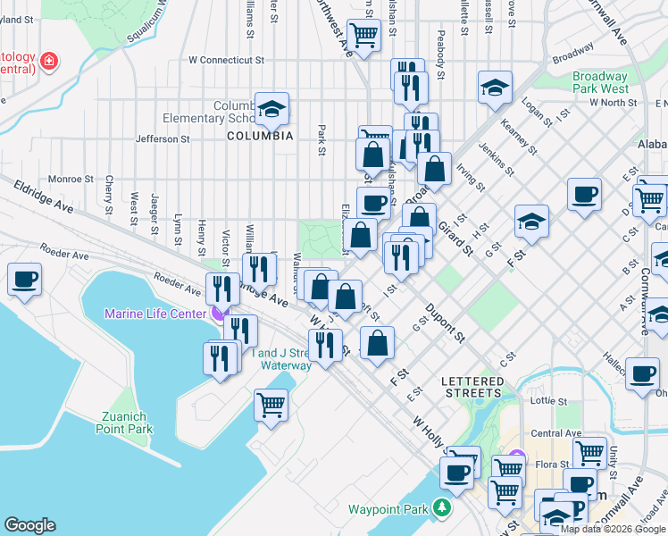 map of restaurants, bars, coffee shops, grocery stores, and more near in Bellingham