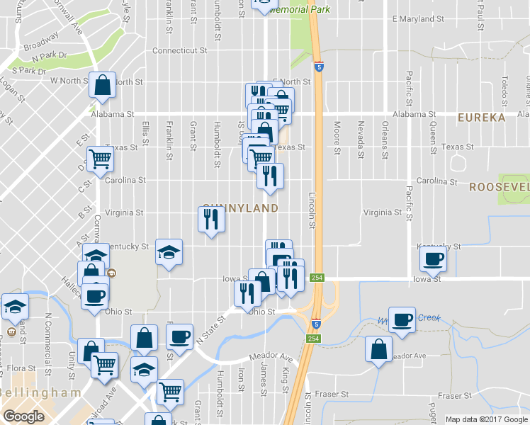 map of restaurants, bars, coffee shops, grocery stores, and more near James Street in Bellingham