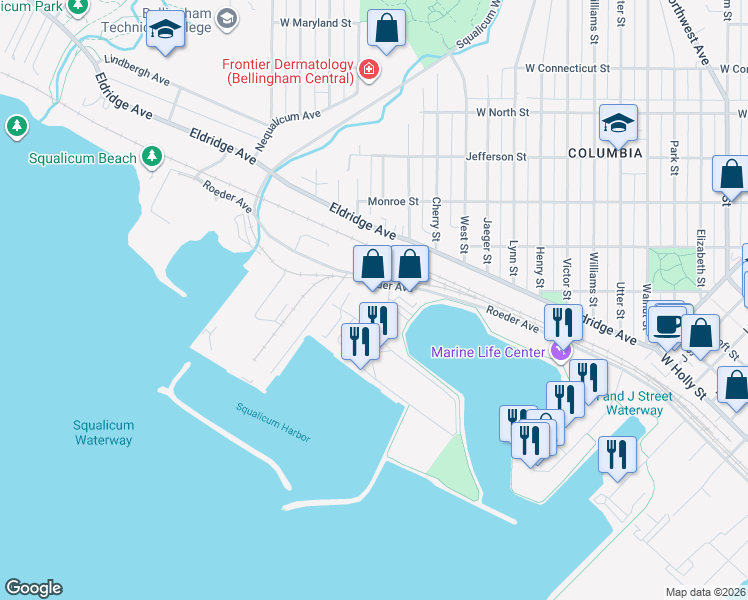 map of restaurants, bars, coffee shops, grocery stores, and more near 750 Coho Way in Bellingham