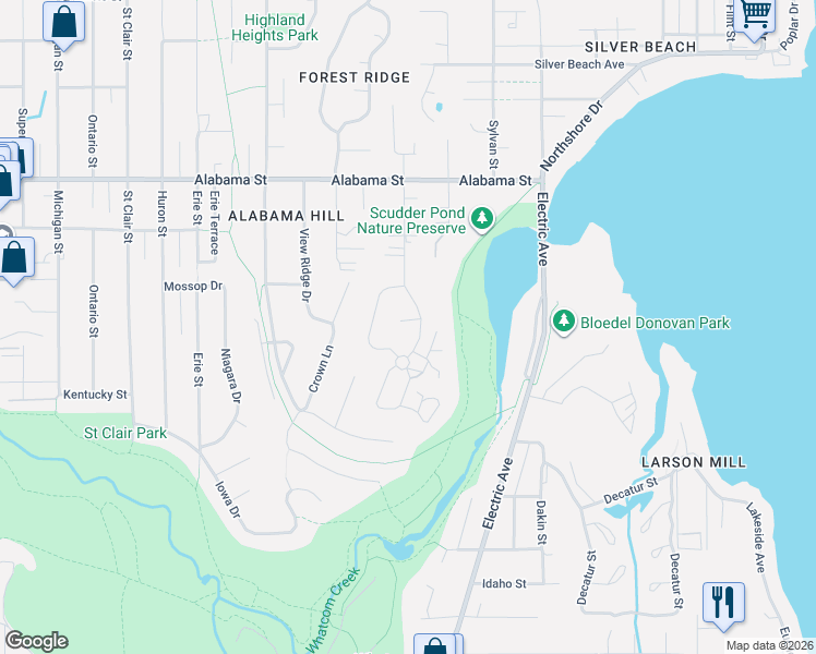 map of restaurants, bars, coffee shops, grocery stores, and more near 2212 East Birch Street in Bellingham