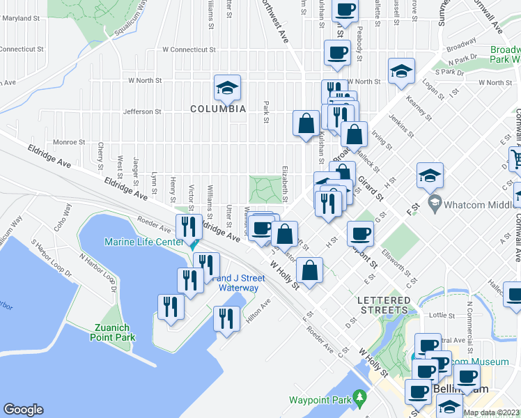 map of restaurants, bars, coffee shops, grocery stores, and more near 2132 Walnut Street in Bellingham