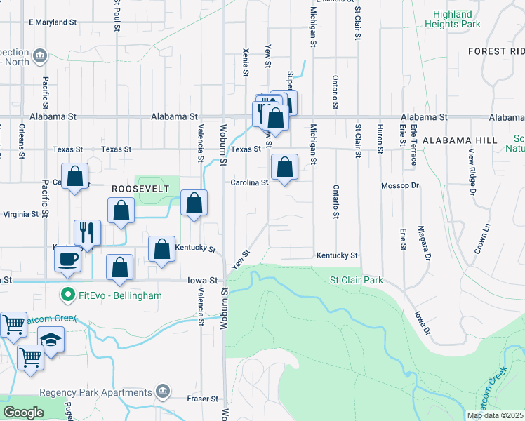 map of restaurants, bars, coffee shops, grocery stores, and more near 2205 Yew Street in Bellingham