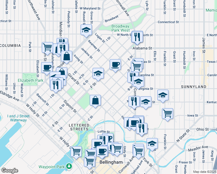 map of restaurants, bars, coffee shops, grocery stores, and more near 804 Irving Street in Bellingham