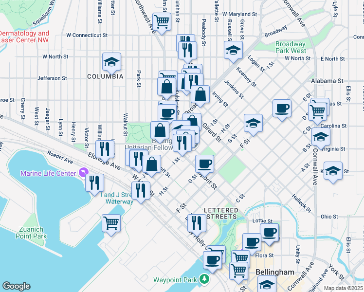 map of restaurants, bars, coffee shops, grocery stores, and more near 1306 Dupont Street in Bellingham