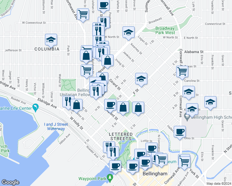 map of restaurants, bars, coffee shops, grocery stores, and more near 1900 H Street in Bellingham