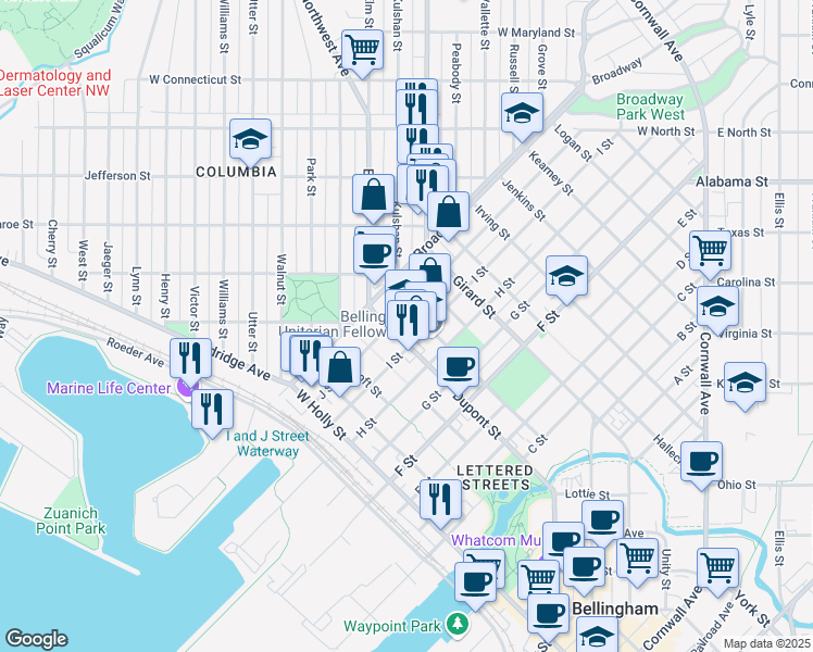 map of restaurants, bars, coffee shops, grocery stores, and more near 1306 Dupont Street in Bellingham