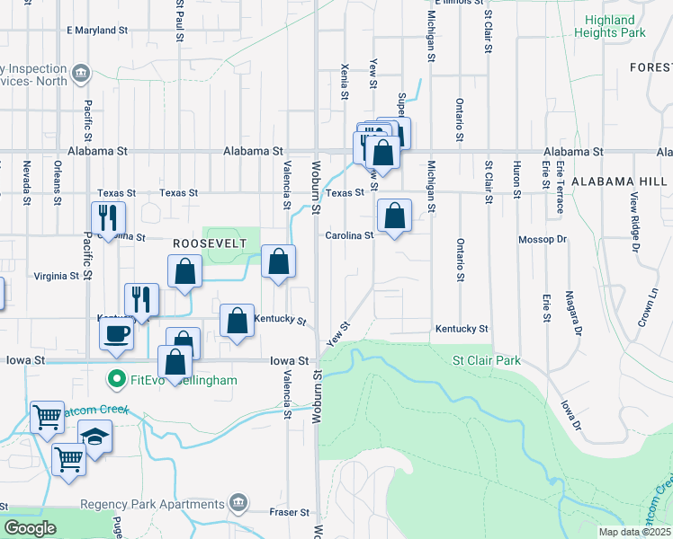 map of restaurants, bars, coffee shops, grocery stores, and more near 2142 Woburn Street in Bellingham