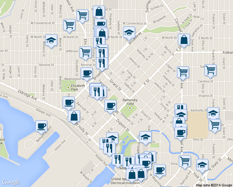 map of restaurants, bars, coffee shops, grocery stores, and more near 1901 G Street in Bellingham