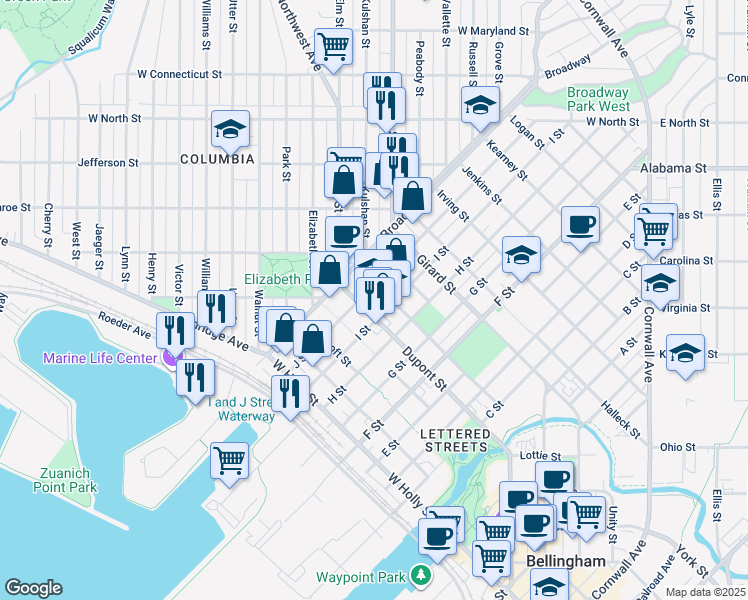 map of restaurants, bars, coffee shops, grocery stores, and more near 1306 Dupont Street in Bellingham