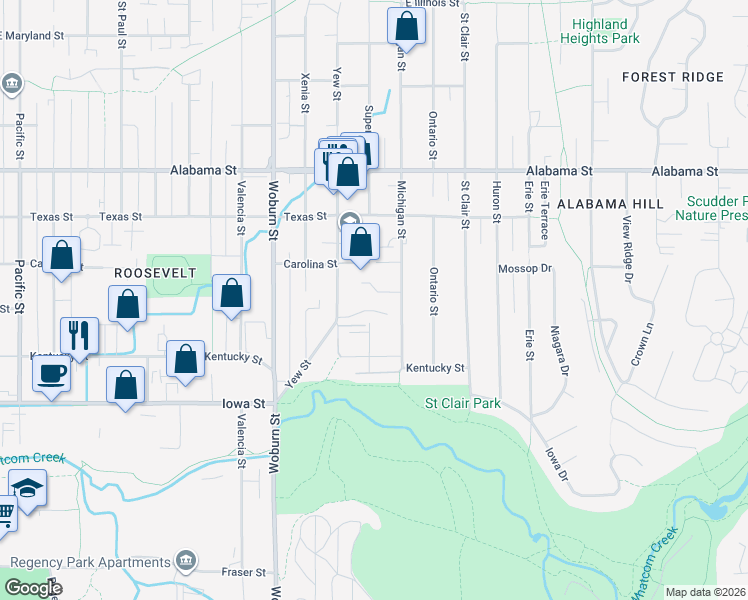 map of restaurants, bars, coffee shops, grocery stores, and more near 2506 Claudia Court in Bellingham