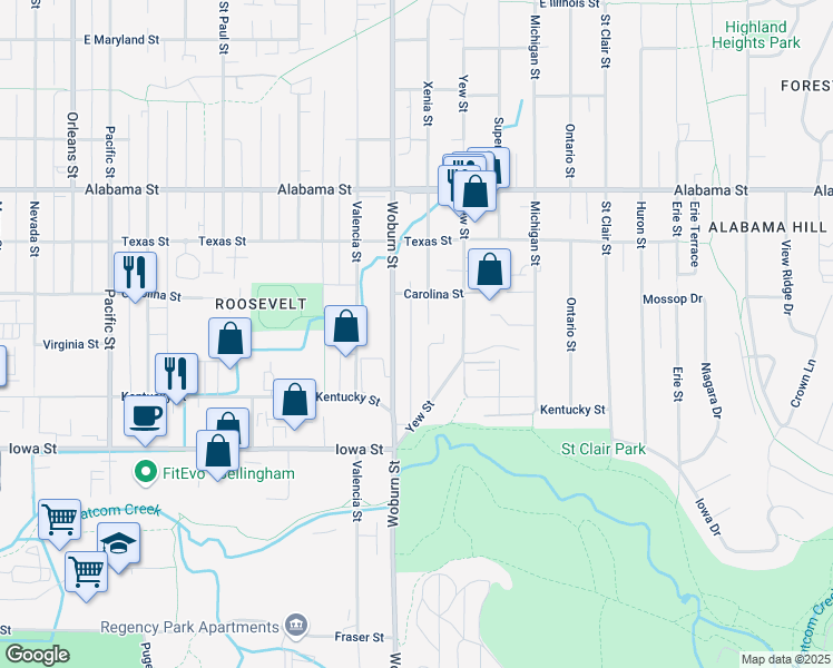 map of restaurants, bars, coffee shops, grocery stores, and more near 2142 Woburn Street in Bellingham