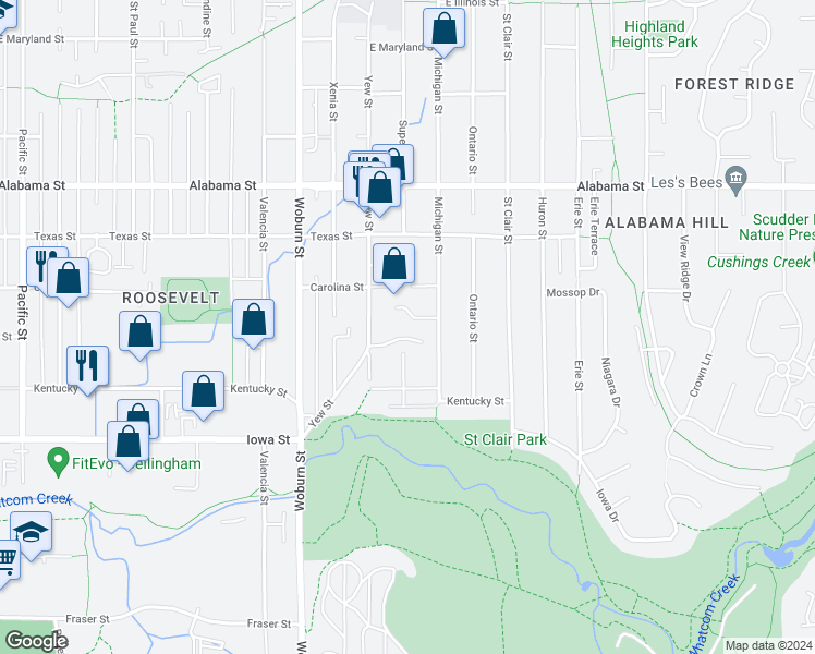 map of restaurants, bars, coffee shops, grocery stores, and more near 2127 Michigan Street in Bellingham