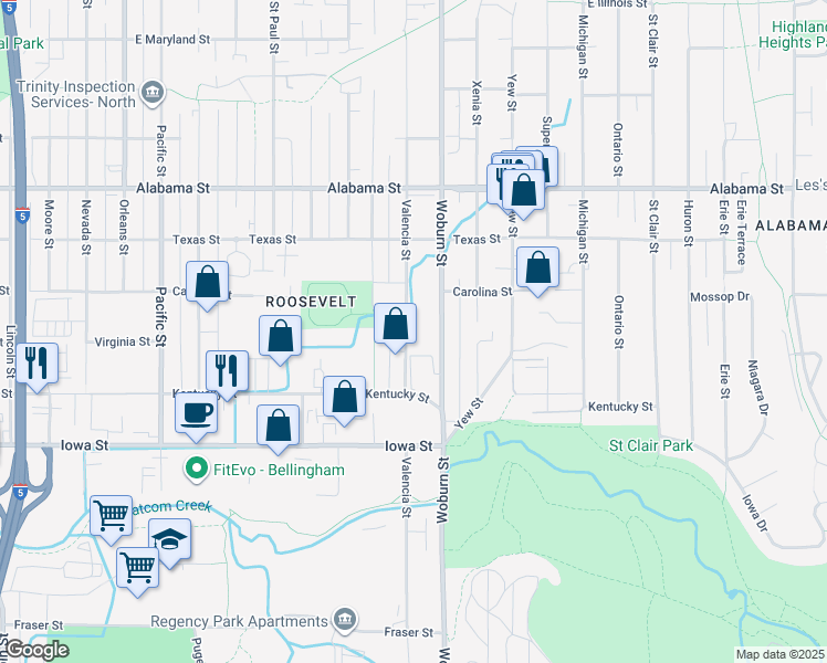 map of restaurants, bars, coffee shops, grocery stores, and more near 2208 Valencia Street in Bellingham