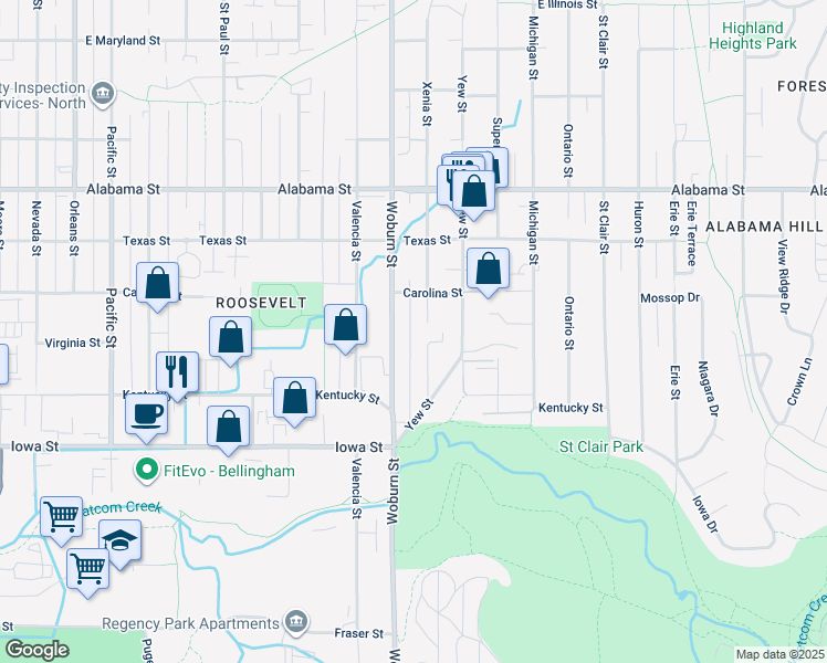map of restaurants, bars, coffee shops, grocery stores, and more near 2142 Woburn Street in Bellingham