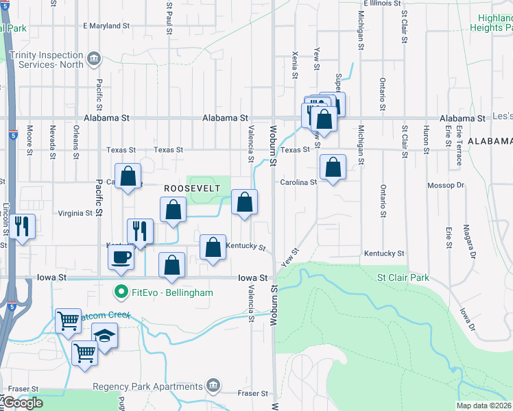 map of restaurants, bars, coffee shops, grocery stores, and more near 2208 Valencia Street in Bellingham