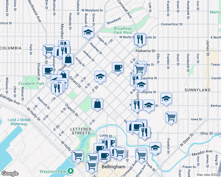 map of restaurants, bars, coffee shops, grocery stores, and more near 804 Irving Street in Bellingham