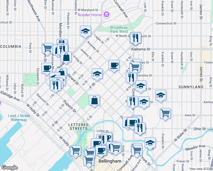 map of restaurants, bars, coffee shops, grocery stores, and more near 804 Irving Street in Bellingham