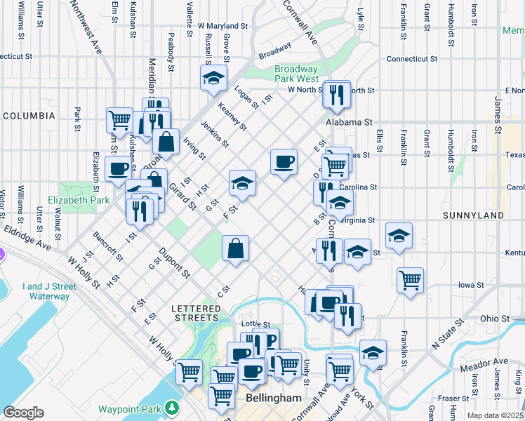 map of restaurants, bars, coffee shops, grocery stores, and more near 814 Irving Street in Bellingham