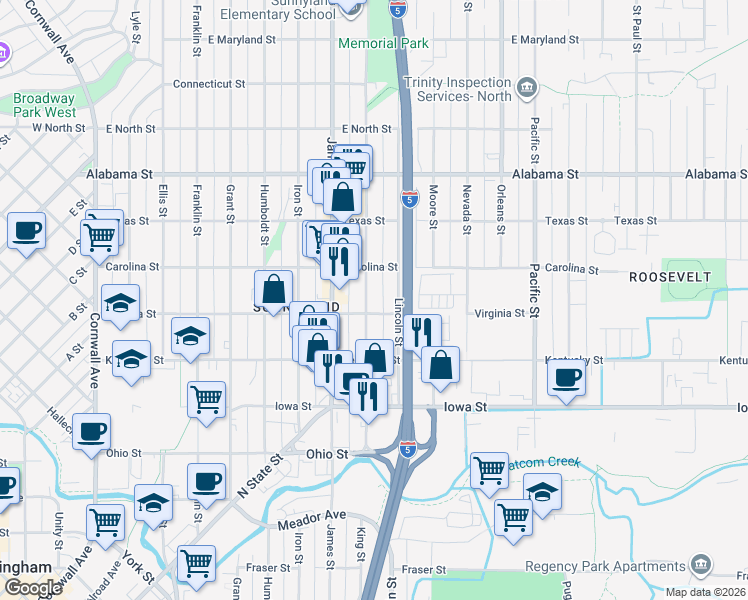 map of restaurants, bars, coffee shops, grocery stores, and more near 912 Virginia Street in Bellingham
