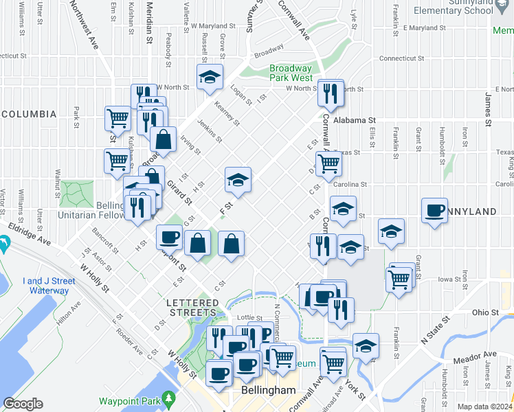 map of restaurants, bars, coffee shops, grocery stores, and more near 804 Irving Street in Bellingham