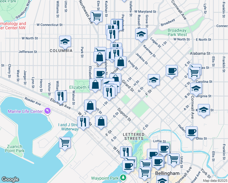 map of restaurants, bars, coffee shops, grocery stores, and more near 1801 H Street in Bellingham
