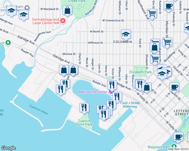 map of restaurants, bars, coffee shops, grocery stores, and more near 2121 Roeder Avenue in Bellingham