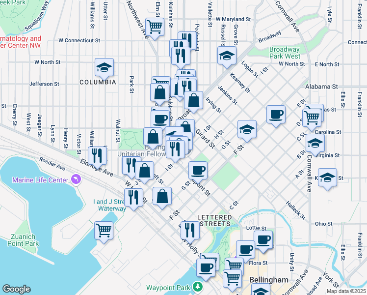 map of restaurants, bars, coffee shops, grocery stores, and more near 1801 H Street in Bellingham